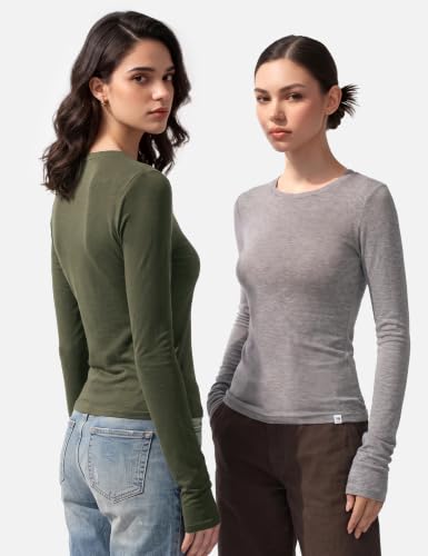 Image of Women's Merino Wool Blend Shirts Long Sleeve Tops Crew Neck Fitted Basic Tee Cozy Embrace Collection
