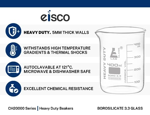 EISCO 6PK Heavy Duty Beaker, 1000ml - 5mm Thick, Uniform Walls - Superior Durability & Chemical Resistance - White Graduations - Borosilicate 3.3 Glass