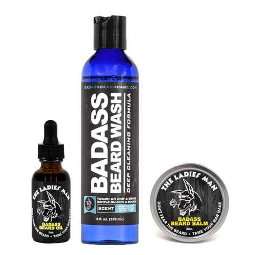 Badass Beard Care Badass Wash, Beard Oil, and Beard Balm Combo for Men - Natural Ingredients, Keeps Beard and Mustache Full, Soft and Healthy
