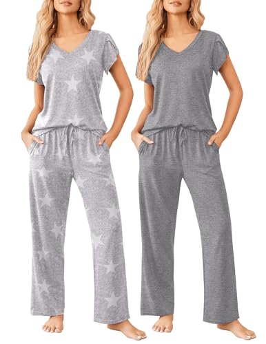 Image of Ekouaer 2 Pack Womens Pajamas Short Sleeve Sleepwear Top with Pants Super-Soft Printed Lounge Sets S-XXL
