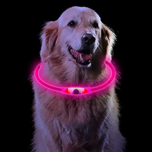 Sarsumir Leuchthalsband Hund Aufladbar, Wasserdicht Halsband Hund Leuchtend 3 Modi, Leuchtband Hund Längenverstellbareres Led Halsband für Hunde Klein Groß Mittel, Rosa Cover