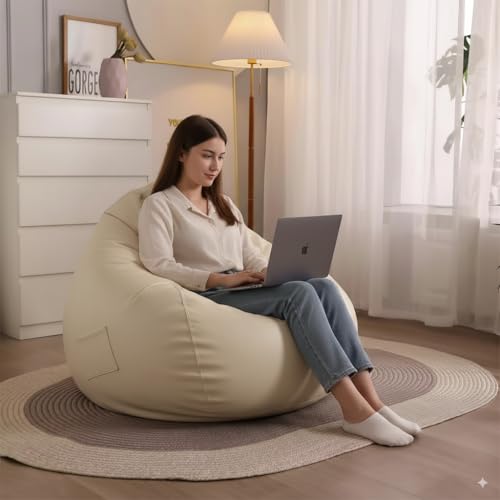 Image of 4XL Leatherette Bean Bag Chair with Footrest & Cushion with Beans Filled (Ready to Use) Color- (Cream, Bean Bag Only)