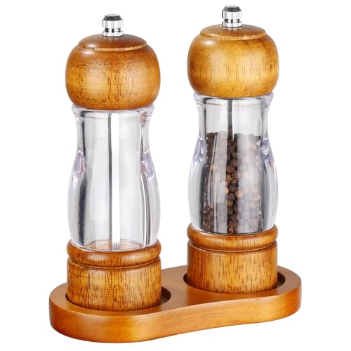 BEZORR Juego de molinillos de sal y pimienta ajustables de cerámica, juego de molinillos de sal y pimienta de acrílico de alta calidad de 6 pulgadas, molinillo de especias de madera y cerámica con
