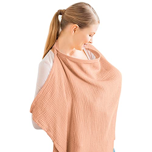 Image of Konssy Muslin Nursing Cover for Baby Breastfeeding, Breathable 100% Cotton Breastfeeding Cover with Rigid Hoop for Mother Nursing Apron, Multi-use Carseat Canopy (Peach)