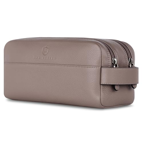 VON HEESEN Kulturbeutel Leder Kulturtasche für Herren & Damen - Echtleder Necessaire ideal zum Reisen - Waschtasche und Kosmetiktasche mit Zwei Hauptfächern Taupe, groß