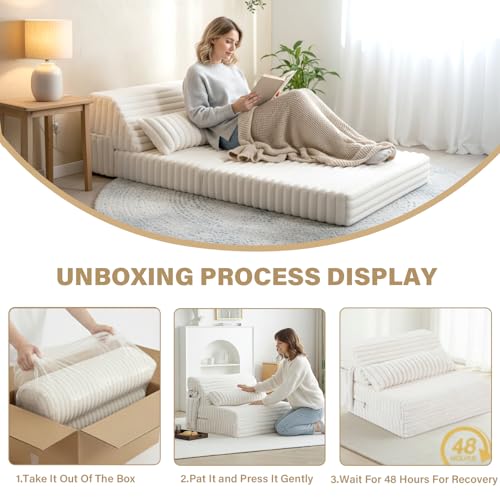 Image of Tiita Folding Sofa Bed Twin Size, Convertible Sleeper Chair Mattress with Pillow, Thick Corduroy Floor Mattress Couch Bed with Side Pocket, Guest Room, Dorm, Apartment, Beige