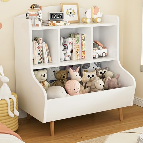 Marcytop Toy Storage Organizer, 3 Tier Floor Standing Toddler Bookshelf with Legs, 5 Cube Kids Bookshelf and Toy Storage, Book Shelf for Kids Room, Living Room, Nursery, White