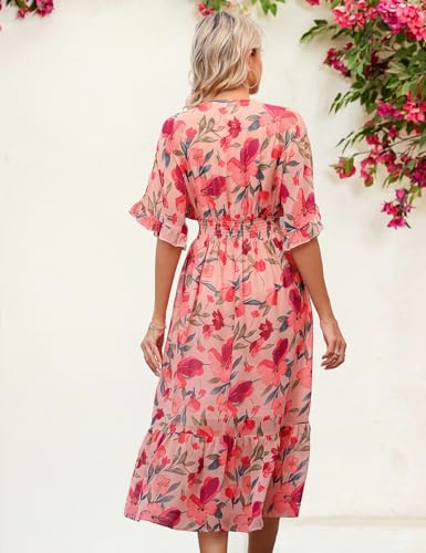 Women's Spring Summer 2025 Floral Midi Dress A Line Chiffon Boho Casual Short Sleeve Long Beach Dresses3