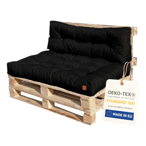 Bielik Pallet Cushion Set – 2-Piece Quilted Water-Repellent Euro Pallet Cushions | 120x80 cm Seat + 120x40 cm Backrest for Pallet Sofa & Furniture – Outdoor & Indoor Use in Colour: (Black)