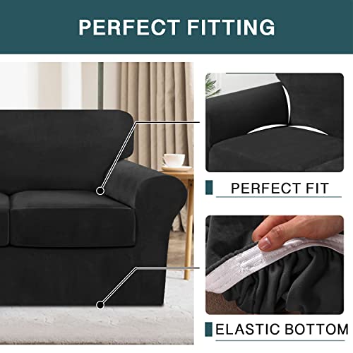 4 Piece Sofa Covers Velvet Couch Covers For 3 Cushion Couch Stretch Sofa Slipcover With Individual Seat Cushion Covers Elastic Furniture Protector For Pets, Machine Washable (Sofa, Black) #TOP4