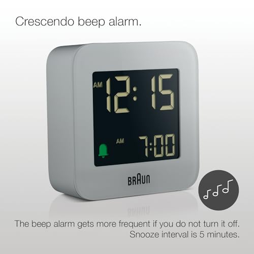 Image of Braun Plastic Digital Travel Alarm Clock with Snooze, Compact Size, Negative LCD Display, Quick Set, Crescendo Beep Alarm in Grey, Model BC08G.