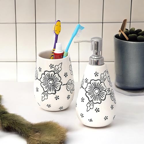 Image of Hand-Painted Ceramic Bathroom Accessories Set of 2 | 300ml Liquid Soap Dispenser & Toothbrush Holder | Rust-Proof Bathroom Organizer for Home & Wash Basin Decor | White Flower