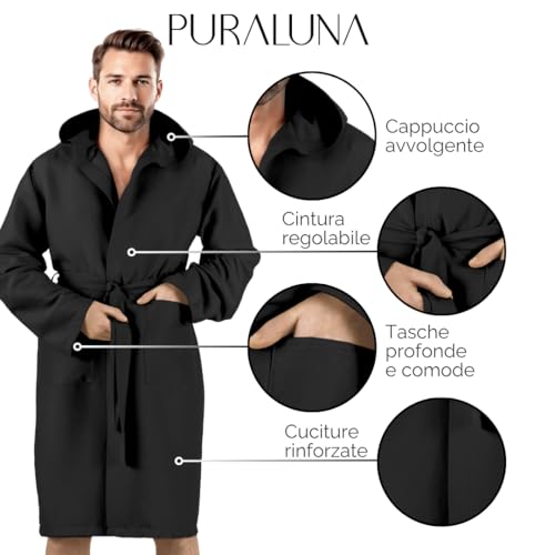 Puraluna Weicher Mikrofaser-Bademantel mit Kapuze und Outdoor-Tasche, Unisex, Schwarz , M