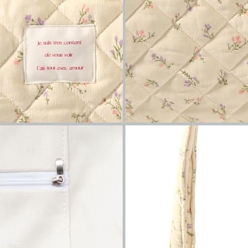 Image of Floral Quilted Cotton Shoulder Bag for Women Daily Use Medium Size Handbag Large Capacity Thickened Design Tote