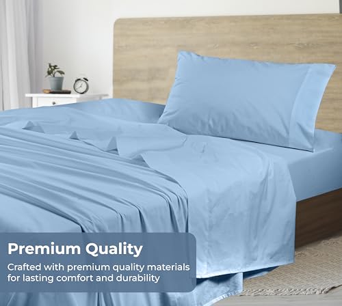 Image of Royale Linens 100% Organic Cotton Twin XL Sheet Set - Percale Weave - 3 Pieces Set - 1 Flat, 1 Deep Pocket Fitted Sheet and 1 Pillowcases -Lake Blue Bed Sheets -Sabanas Twin XL -Crisp Cool (Lake Blue)
