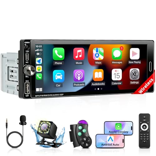 Image of Single Din Radio Car Stereo with Wireless Carplay & Android Auto, 6.9 inch IPS Touchscreen Car Stereo with Bluetooth 1080P Backup Camera Mirror Link Navigation AM /FM Type-C Fast Charging USB EQ SWC Mic