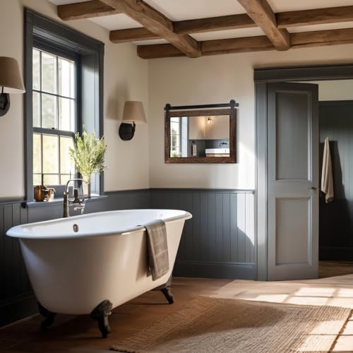 Image of COGOOD Farmhouse Barn Door Mirror - 22 x 29 Rustic Wood Framed Wall Mirror for Bathroom, Living Room, Entryway Wall Decor (Black Brown)