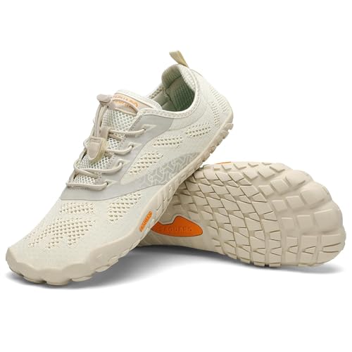 SAGUARO Barfußschuhe Herren Damen Fitnessschuhe mit Zehen Sohle Bequem Atmungsaktiv Sport Traillaufschuhe rutschfest Leight Laufschuhe Outdoor Beige 44 EU