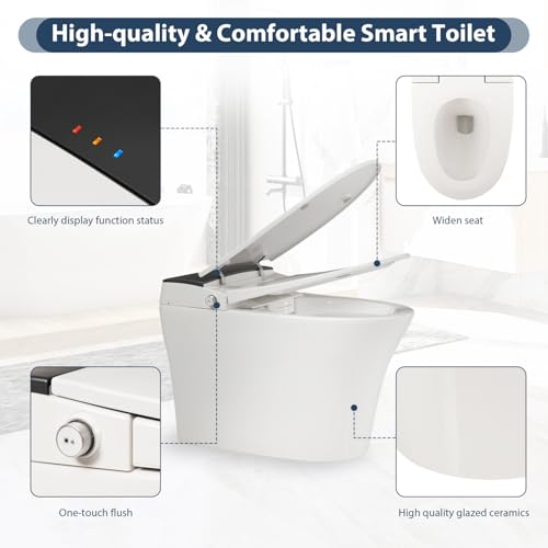 Inodoro inteligente de una pieza con asiento calefactable, sin depósito ni bidé, con descarga por sensor de pie, luz nocturna azul, control mediante perilla y descarga en apagones, tapa de cierre suave, blanco y gris miniatura 4