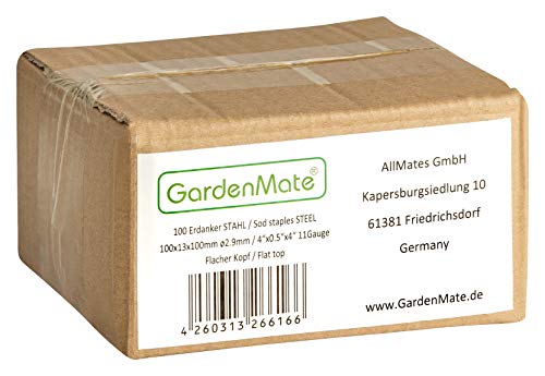 GardenMate 100-Pack 4'' 11 Gauge Heavy-Duty U-Shaped Garden Securing Stakes/Spikes/Pins/Pegs - Sod Staples for Anchoring Landscape Fabric, Many More Applications