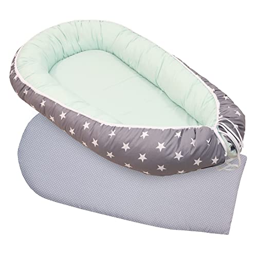 ULLENBOOM ® Babynest Set mit Einlage, Kuschelnest (55x95 cm) Mint Grau (Made in EU) - Baby Nestchen aus Baumwolle, ideal als Reisebett, Baby Cocoon & Kuschelbett, im Set mit Einlage