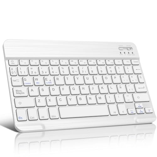 WAVATA Teclado Español Ñ Bluetooth Inalámbrico para iPad iOS/Tablet Android, Teclado Bluetooth de 10 Pulgadas Inalámbrico Portátil- Blanco