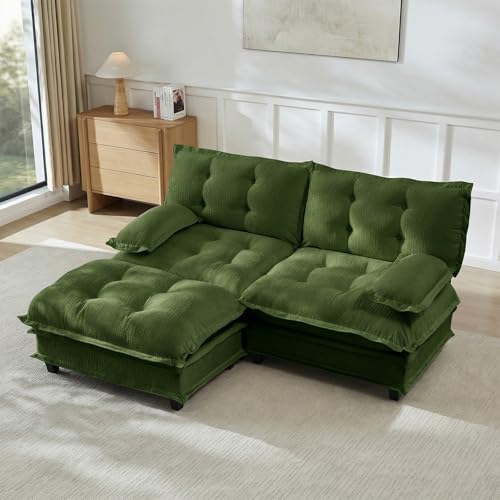 Image of 77 inch L-Shaped Sectional Couches for Living Room, Green 2 Seater Modern Chenille Deep Seat Sofa Set, Salas para Casa, High Back Love Seat Couches, Cloud Modular Sectional Sets with Ottoman