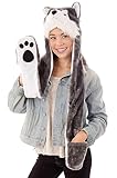 Simplicity Winter Animal Hats Caps Full Hoodie Grey Dog Caps with Scarf Mitten