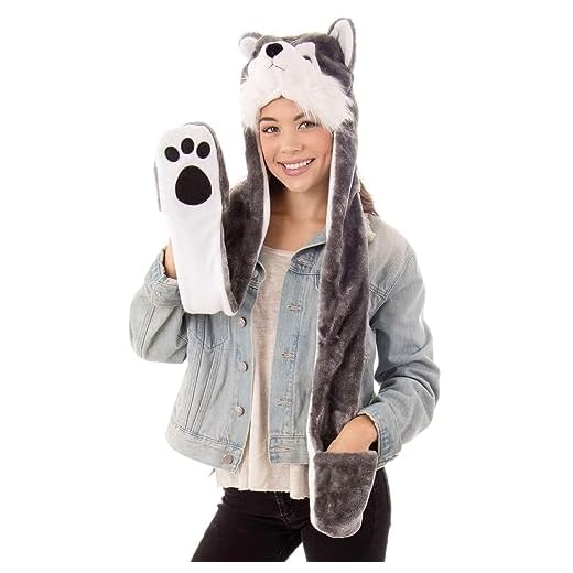 Simplicity Winter Animal Hats Caps Full Hoodie Grey Dog Caps with Scarf Mitten
