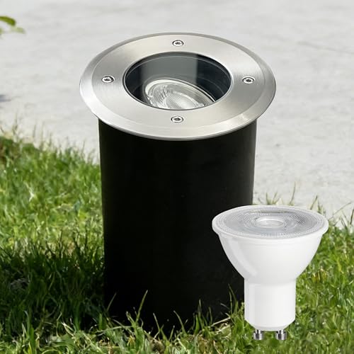 JNR Edelstahl Bodeneinbaustrahler Aussen Schwenkbar IP67 230V, Wasserdicht Bodenleuchten Außen mit LED GU10 5W 3000K Warmweiß Glühbirne, Rund...