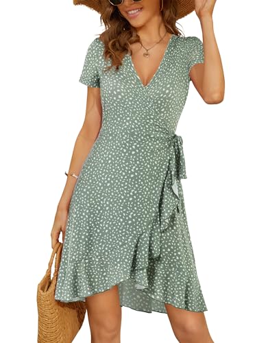 Image of MSBASIC Summer Dresses for Women 2023 Casual Short Sleeve Petite Wrap Dresses (Sage Green Polka Dot, M)