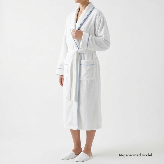 Image of Jillien Harbor Womens Cotton Bathrobe - Towel Robe for Women in Soft Terry Cloth, Highly Absorbent Cotton Robes for Women with Refined Blue Piping, Cuffed Sleeves Medium to Large Fit - One Size, White