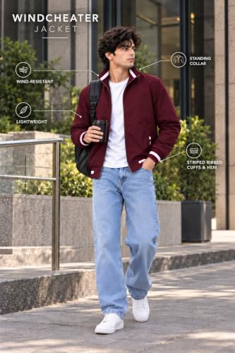 Image of Ben Martin Men's Jacket || Lightweight Casual Jacket with Standing Collar || Full Sleeve Zip-Up Windcheater Jacket with Striped Ribbed Cuffs & Hem