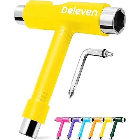 Deleven Skate Tool All-in-One Lightweight Portable Skateboard Tool - T Tool with Allen Wrench, Phillips Head Screwdriver - Adjust Roller Skates, Longboards, Skateboards, Quads, Wheels, Trucks, Kingpin Cover