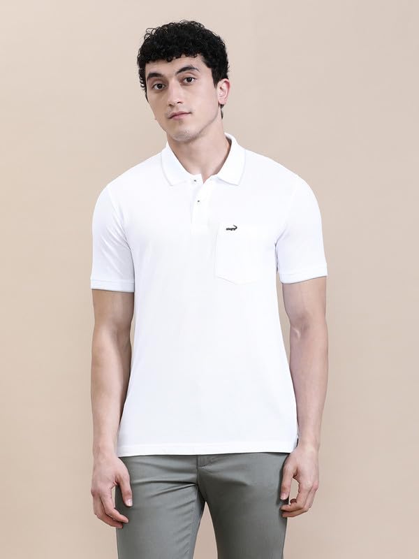 Image of CROCODILE Men Solid Polo T-Shirt | 100% Cotton | Short Sleeve | Slim Fit | Button Placket White