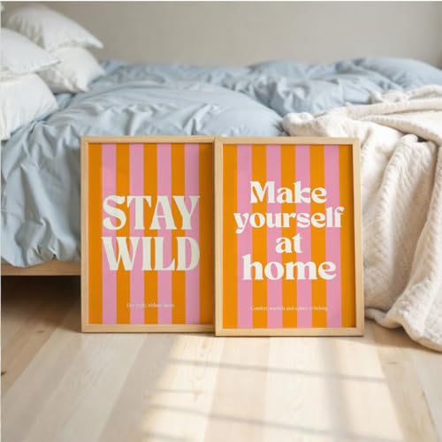 Image of Suneree Stay Wild Make Yourself At Home Wall Art Set of 2 Framed Paintings | Orange Pink Retro Typography Poster | Bedroom Living Room Home Decor (Art 8, 13x19 Inches)