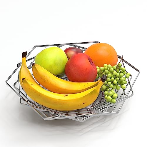 Buruis Large Fruit Bowl, Modern Regular Hexagon Design Fruit Container, Creative Metal Fruit Basket, Candy Dish For Kitchen Countertop Dining Room, Decorative Display Stand (Silver) #TOP14