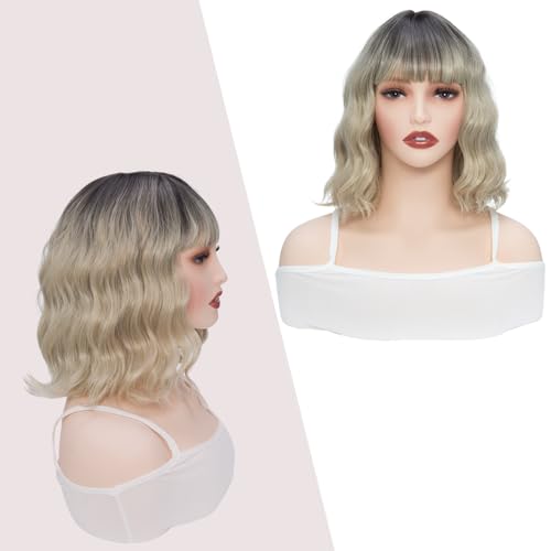 Image of Rose bud Wavy Bob Wig with Bangs Natural Ombre Blonde Wig Synthetic Hair Shoulder Length Short Curly Wigs for Women