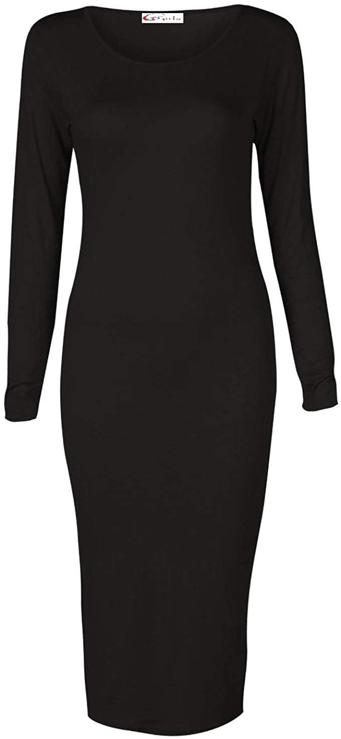 Gostyles Women's Black Gostyles® Long Sleeve Midi Dress, Scoop Neck Stretch Bodycon Pencil Dresses (, 8-10)