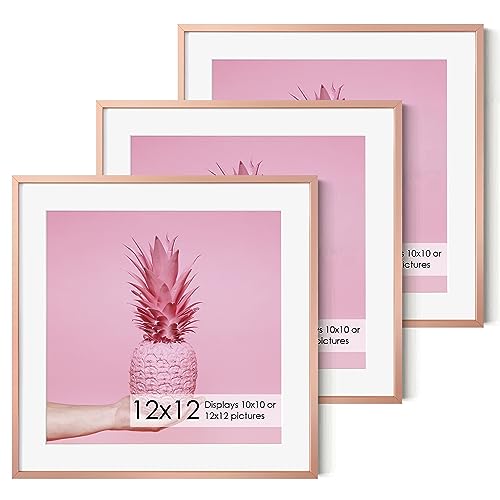 12x12 Metal Picture Frame with 10x10 Mat, Brushed Aluminum Finish, Attached Hanging Hardware, and Tempered Glass Front - Versatile Vertical or Horizontal Wall Display Frames(Rose Gold, Pack of 3)