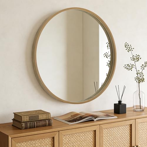 Image of WallBeyond Round Wood Mirror, 36 inch Round Modern Decoration Large Circle Wall Mirror for Bathroom Living Room Bedroom Entryway, Natural