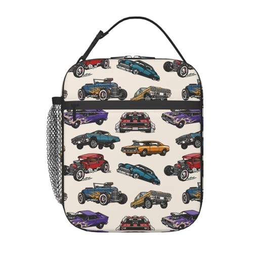 cromcu Insulated Lunch Box for Toddler Boys Kids Cars Lunch Box for Work,Picnic,School,Travel,Hiking,Beach or Fishing Polyester Cars Vintage Colorful Theme Lunch Bag