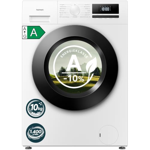 homeX WF1014H1A-W Waschmaschine 10kg, Frontlader - 1.400 U/Min, Energieklasse A -10%, Dampffunktion, AquaStop, Inverter Motor, 15 Programme, leise 74 dB, Temperatur bis zu 90°C, Washing Machine, weiß