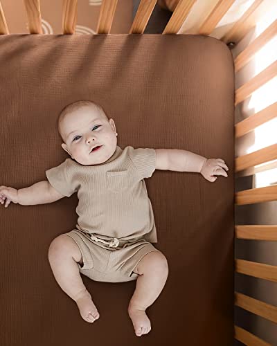 Muslin Crib Sheets For Girls And Boys, Cotton Boho Neutral Fitted Baby Crib Sheet For Standard Crib Mattress & Toddler Bed Mattress (52"X28"), Soft Breathable Baby Sheets 2 Pack (Sunshine&Brown) #TOP4