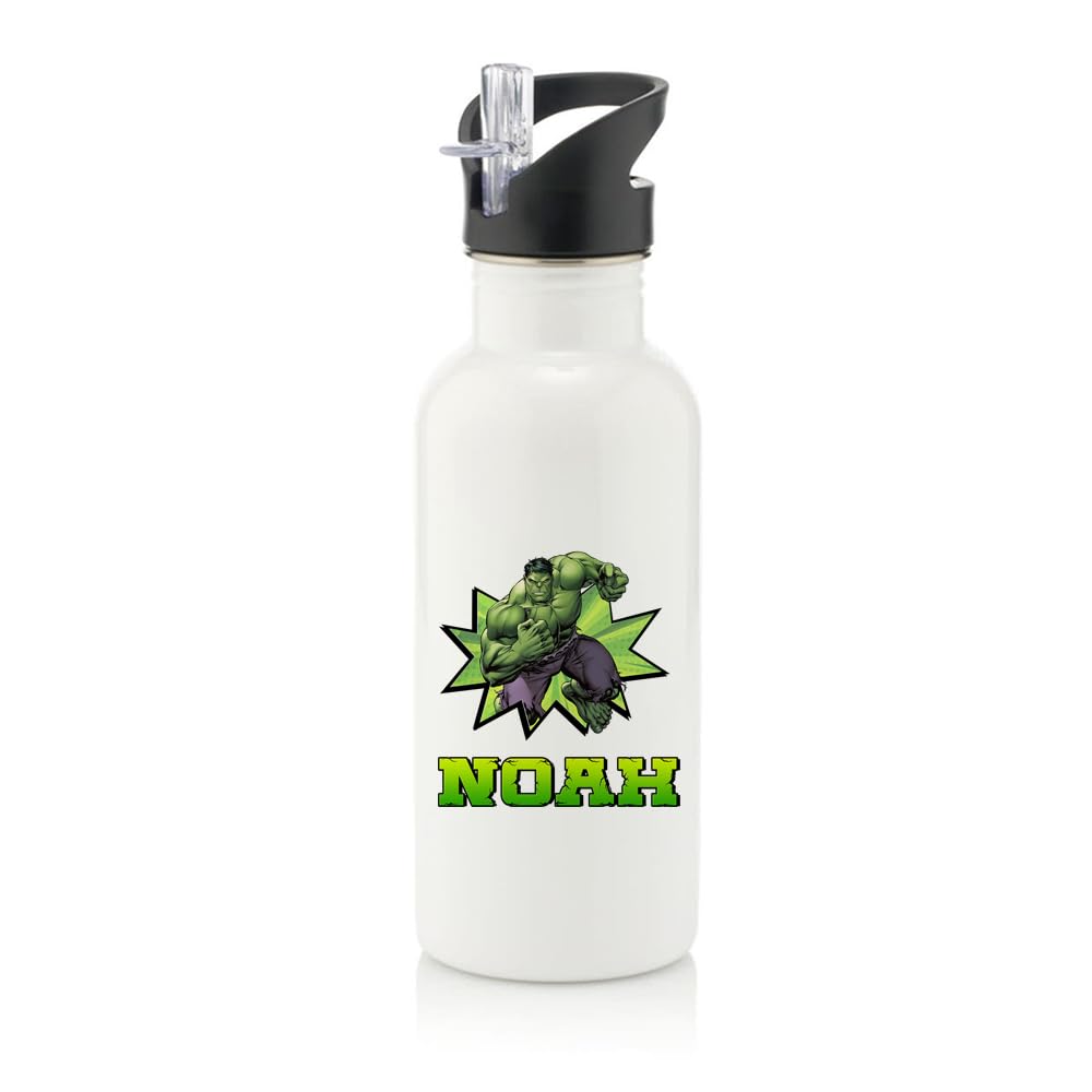 Getagift Personalised Superhero Water Bottle Gift For Kids, Boy, New Tearm Gift, Back To School, Stainless Steel 600ml Water Bottle with Straw. (White)