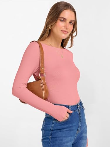Image of ANRABESS Women's Boat Neck Long Sleeve Shirts Rib Knit Slim Fitting Tops Basic Tees 2026 Casual Comfy Fall Outfits Clothes