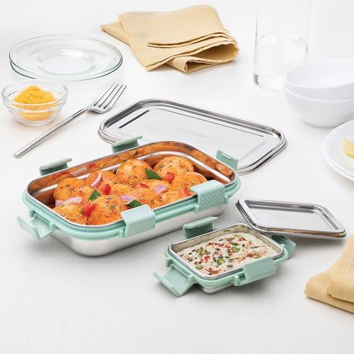 Image of Borosil Stainless Steel Slim Lunch Box | 700 ml + 125 ml Container Set | Airtight, Leakproof, Dishwasher Safe | Portable Kids Tiffin | 1 Year Warranty (Green)