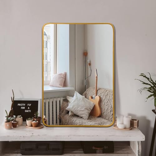 FRITHJILL Modern Metal Framed Bathroom Mirror 24x32 Inch - HD Glass Wall Mirror with Anti-Rust Aluminum Frame, Shatterproof Design for Bedroom, Living Room & Entryway, Gold