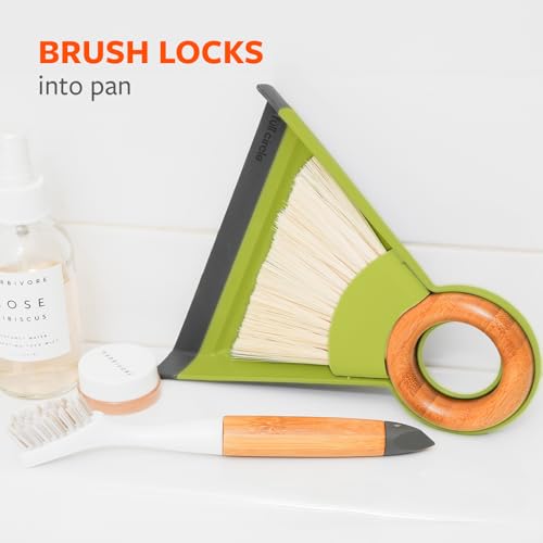 Image of Full Circle Tiny Team Mini Brush & Dustpan Set - Green | Compact and perfect for quick countertop cleanups in the kitchen, on desks, or anywhere crumbs collect.