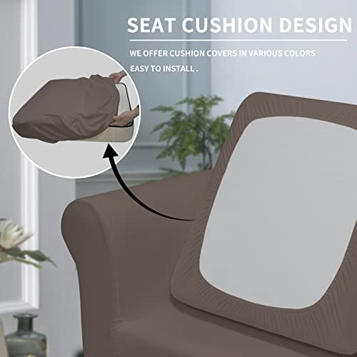 Image of Easy-Going 2 Pieces Microfiber Stretch Chair Slipcover - Spandex Soft Fitted Sofa Couch Cover Washable Furniture Protector with Elastic Bottom Kids Pet Taupe | Spandex Soft Fitted Sofa Couch Cover for Living Room Washable Furniture Protector with Elastic Bottom Kids Pet Taupe